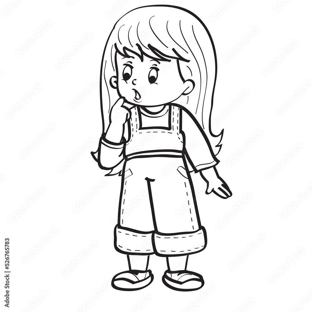 sketch, scared girl standing alone, coloring book, cartoon illustration, isolated object on white background, vector, sketch, scared girl standing alone, coloring book, cartoon illustration, isolated object on white background, vector,