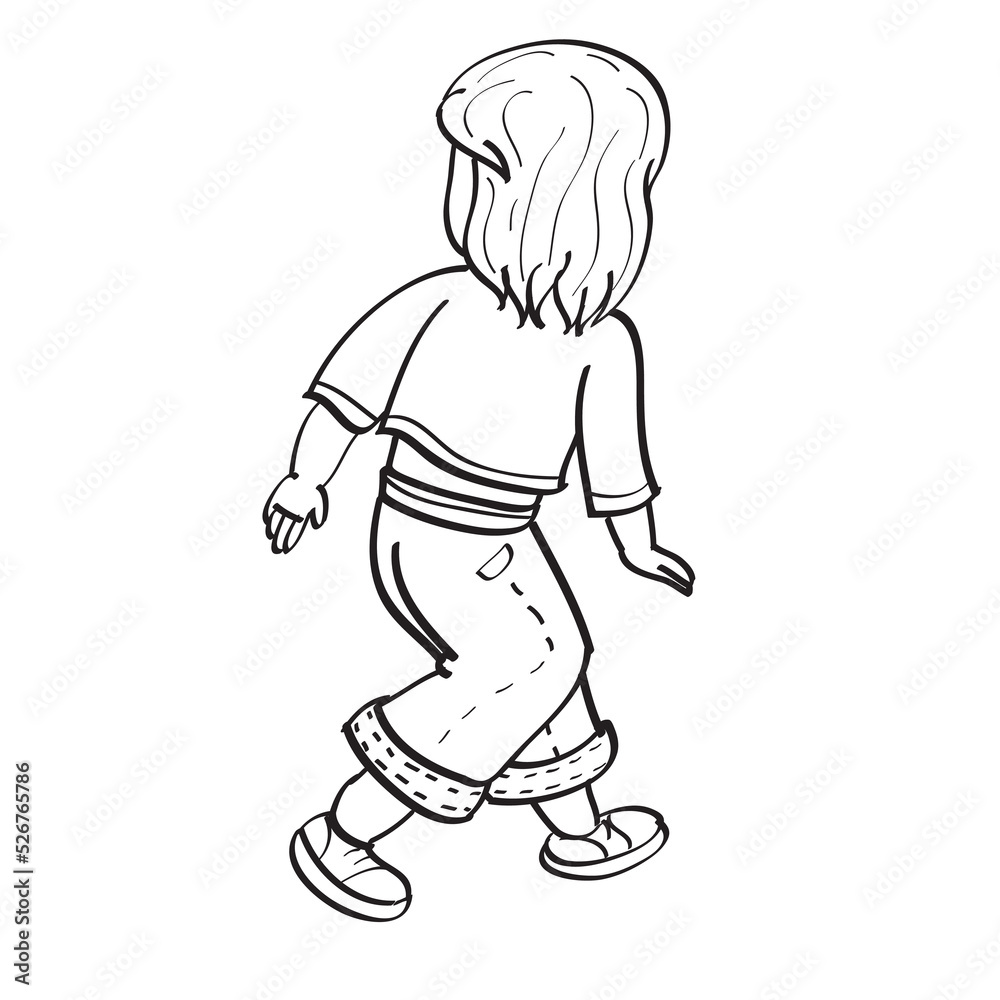 Fototapeta premium sketch, the girl turned her back to us and runs away, coloring book, cartoon illustration, isolated object on a white background, vector,