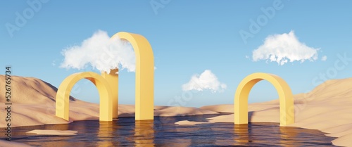Abstract Dune cliff sand with metallic Arches and clean blue sky. Surreal minimal Desert natural landscape background. Scene of Desert with glossy metallic arches geometric design. 3D Render.