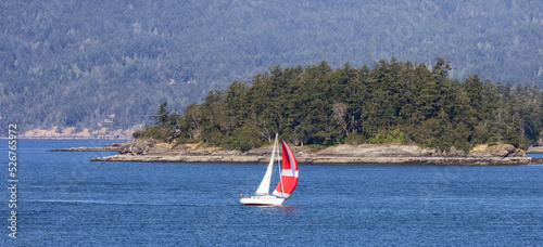 Sailboat in Canadian Landscape by the ocean and mountains. Summer Season. Gulf Islands near Vancouver Island  British Columbia  Canada. Canadian Landscape.