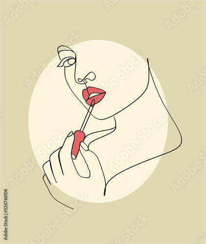 Woman with Lipstick Continuous One Line Drawing. Style Template with Abstract Female Face and Lipstick. Modern Minimalist Simple Linear Style. Beauty Fashion Design. Raster copy