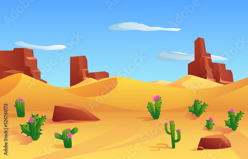 Desert landscape banner with highlands and cactuses, flat vector illustration.