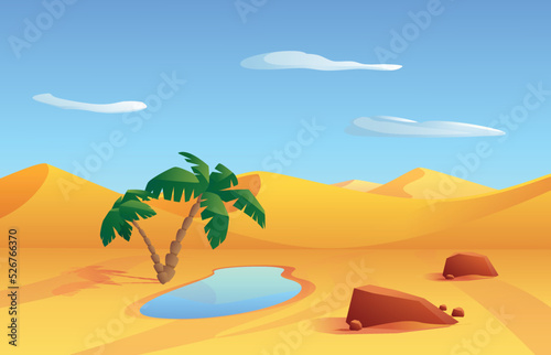 Bright desert landscape with oasis, brown stones, sand dunes flat style