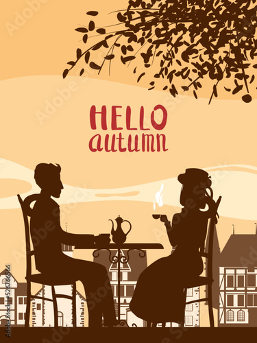 Poster Hello Coffee street cafe, couple at the table, fall mood
