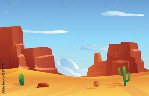 Sandy desert landscape, tumbleweed, succulent cacti and rocks - flat vector illustration.