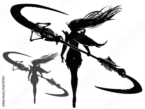 The black silhouette of a long-haired necromancer girl with a double huge scythe with curved blades and skeletons on the handle, she gracefully walks forward. 2d vector art, white background, isolated