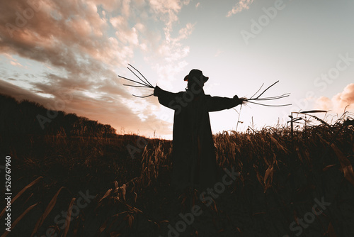 Scary scarecrow in a hat and coat on a evening autumn cornfield during sunset. Spooky Halloween holiday concept. Halloweens background photo