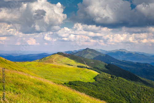 Summer views in the Bieszczady Mountains - views of the mountain ranges and lakes.