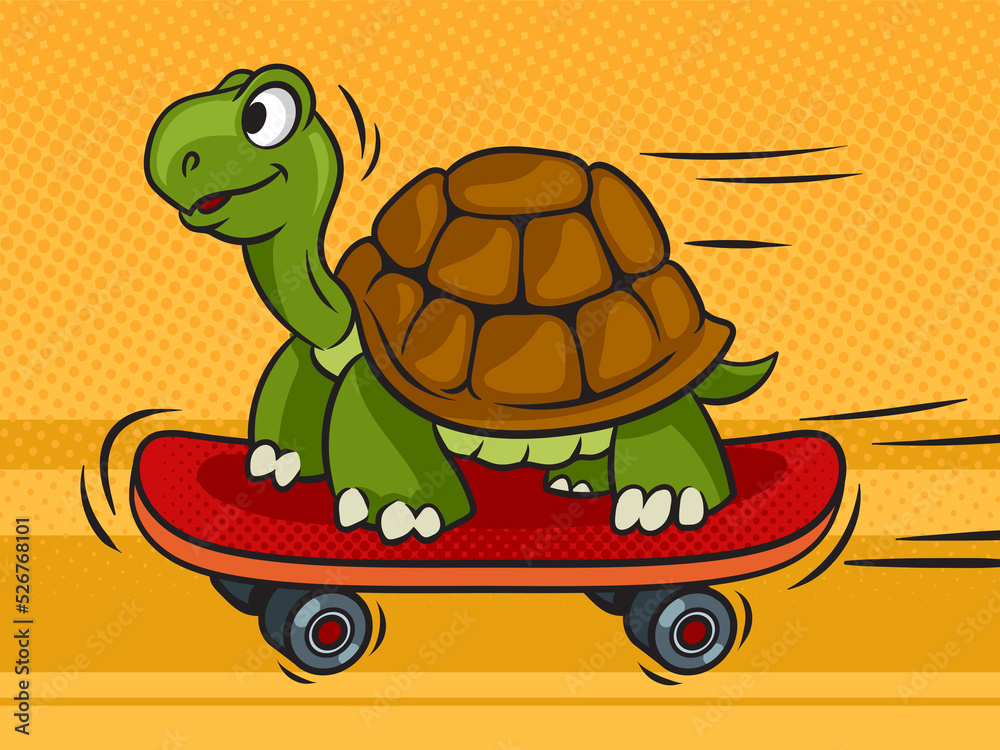 Obraz premium cartoon turtle rides skateboard pop art retro raster illustration. Comic book style imitation.