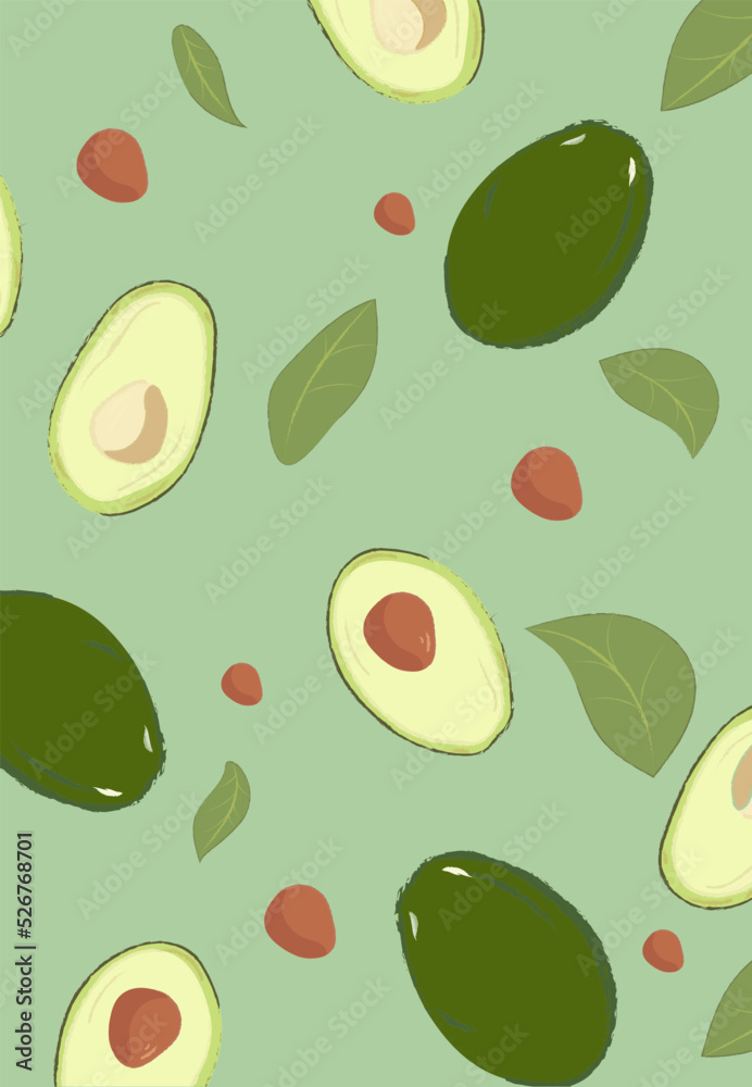 Pattern whole and sliced avocado on green background, vector illustration. Pattern whole and sliced avocado on green background, vector illustration.