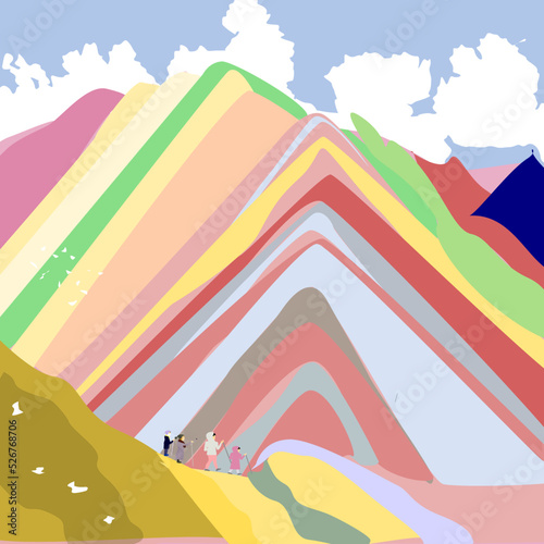 Vector of Vinicunca, also called Montaña de Siete Colores, Montaña de Colores or Rainbow Mountain, The varicolored mountain, with sediment created from mineral deposits over millions of years. photo