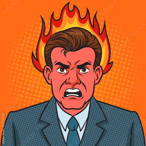 angry aggressive frustrated man businessman with his head on fire pop art retro raster illustration. Comic book style imitation.