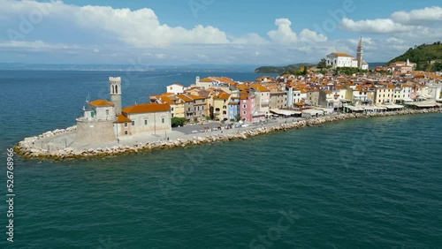 Piran Slovenia Aerial Footage on the Adriatic Seaside with Venetian Architecture. 4K Drone Footage of Piran City Town.