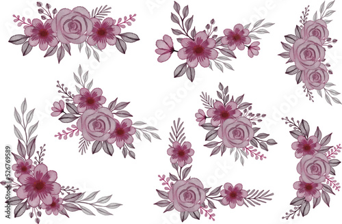 set pink roses watercolor floral frame for wedding card, set pink roses watercolor frame