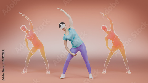 Metaverse sport female stretching and doing yoga and training while wearing virtual reality headset. Athletic digital avatars twins copy movement in the meta verse on a studio background. 3D rendering