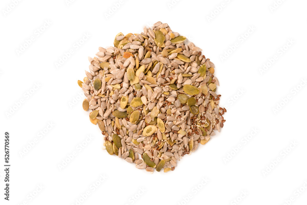 Mix of seeds for a salad. A pile of mixed seeds isolated on white background. Mix of seeds for a salad. A pile of mixed seeds isolated on white background.