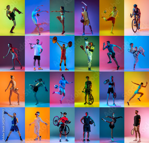 Sport collage of professional athletes on gradient multicolored neoned background. Concept of motion  action  active lifestyle  achievements