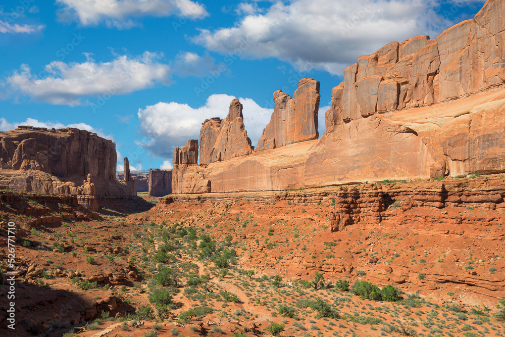 Park Avenue red rock formations under blue summer sky in Arches National Park near Moab, Utah Park Avenue red rock formations under blue summer sky in Arches National Park near Moab, Utah