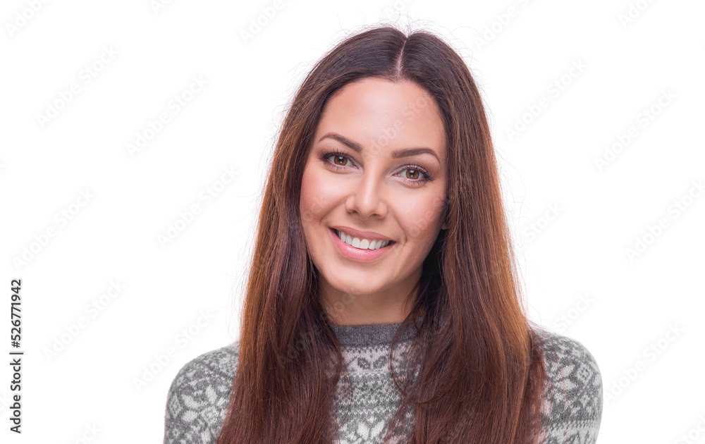Beautiful young woman in a sweater smiling posing on a white background. Beautiful young woman in a sweater smiling posing on a white background.