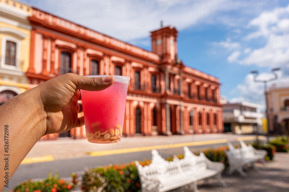 Tuba traditional drink from Colima Mexico, pink drink with peanut and