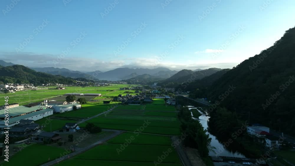 Flying in shadow over rice fields as morning sun shines through mountains Flying in shadow over rice fields as morning sun shines through mountains
