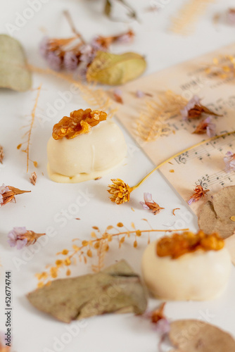 White chocolate candy with nut. Food Styling. Fall and Autumn comfort food.