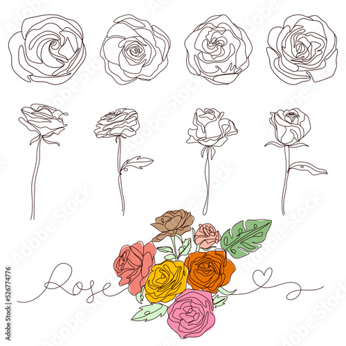 set of roses flower hand drawing line abstract vector
