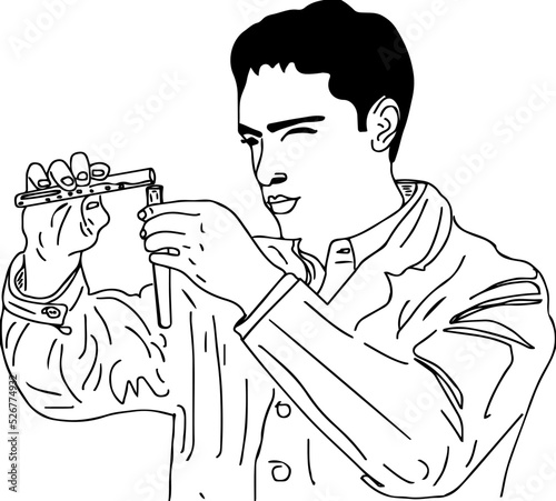Scientist cartoon using chemistry test tubes vector drawing  scientist doodle with test tube  lab technician using test tube sketch drawing clipart