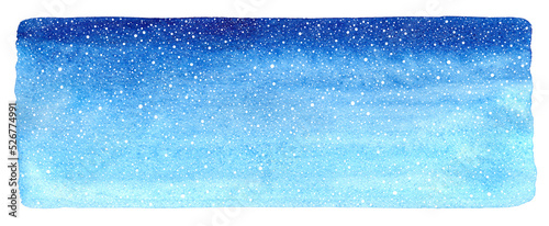Winter watercolor long horizontal gradient background with falling snow splashes texture. Blue watercolour stains. Christmas, New Year hand drawn text frame, elongated template with artistic edges.