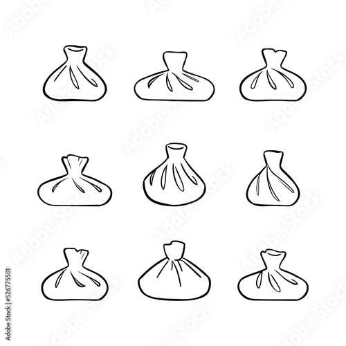 Set of hand-drawn homemade khinkali or dumplings. Traditional Georgian cuisine. Dish from dough filled with meat, vegetables, cheese. Sketch vector illustration for recipes, menu, restaurant advert.