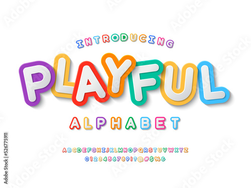 Colorful stylized kids alphabet design with uppercase, numbers and symbols