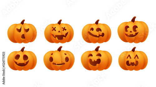Collection of Halloween cute pumpkins with carved faces silhouettes. Orange yellow 3d emotions. Template with variety of eyes, mouths and noses for cut out jack o lantern. Vector illustration