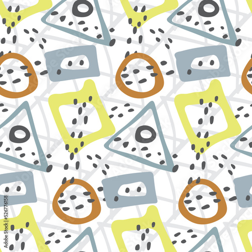 Fun midcentury modern memphis style seamless vector pattern background. Backdrop with naive circles, triangles, squares and dots in red yellow blue. Relaxed arty all over print. Gender neutral repeat