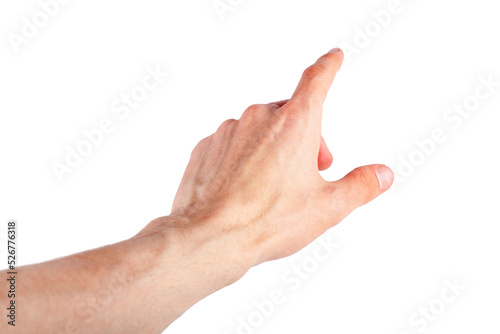 Human finger pointing out, pressing, tapping screen natural gesture isolated on white background, cut out. Interaction with media, showing something, choosing, augmented reality hand movement concept photo