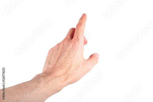 Human finger pointing up, pressing, tapping screen natural gesture isolated on white background, cut out. Interacting with ar media, showing something, choosing, augmented reality interaction concept