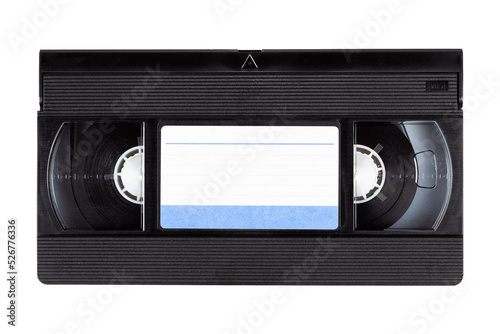 Old black vintage vhs cassette tape front with a blank paper label, front side, top view isolated on white, cut out 80s, 90s retro media aesthetic, magnetic videotape movie storage concept studio shot photo