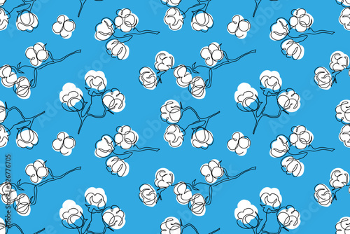 Cotton blossom flowers vector pattern, endless texture. White flowers on blue background. One continuous line art drawing of cotton