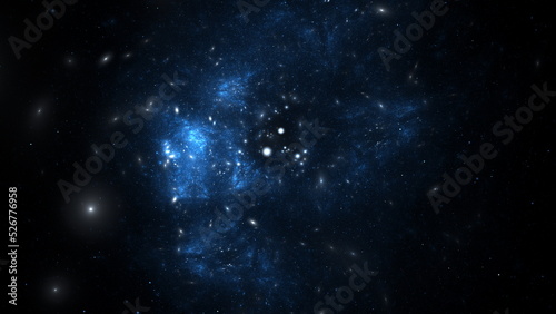Distant space, billions of stars, planets and galaxies in the universe. The light of distant stars in deep space, a journey through the universe. 3d render