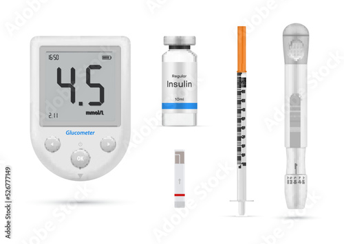 Diabetes equipment insulin syringe blood glucose sugar level testing meter set realistic vector