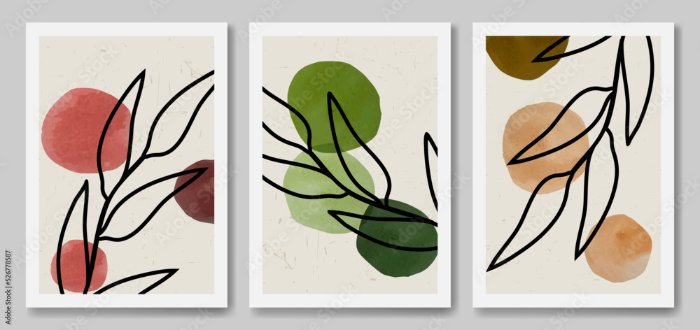 Vector art botanical set. Abstract plant with watercolor shapes. Art design for cover, wallpaper. Minimal and natural wall art.