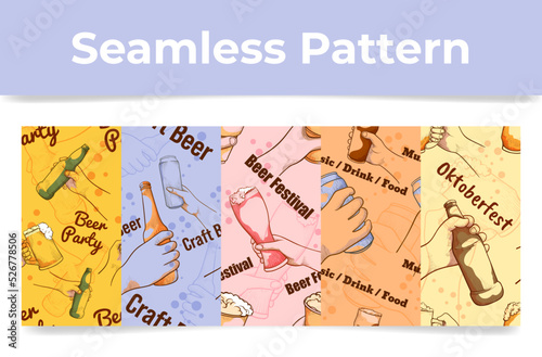 Craft beer seamless pattern set engraved vector foamy malt refreshment alcohol beverage