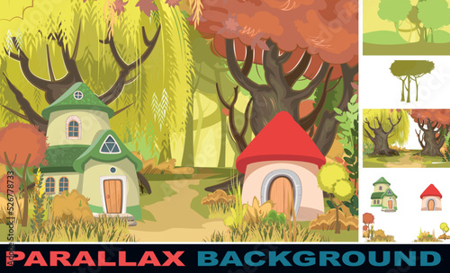 Fairy-tale houses against backdrop of forest landscape. Set parallax effect. Clearing and path among trees. Suburban rural village scene. Cartoon flat style. Illustration vector
