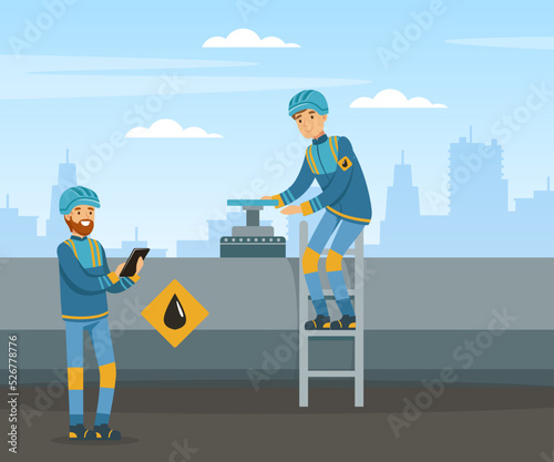 Oil or Petroleum Industry with Man Character in Blue Uniform Turning Valve on Pipe Vector Illustration