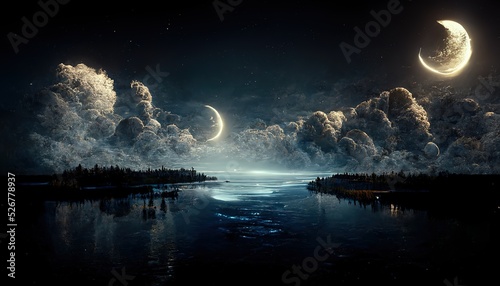 Fotografia Tranquil river and forest under night sky with double moon