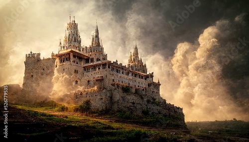 Gorgeous fortress on cliff in valley against dramatic sky photo