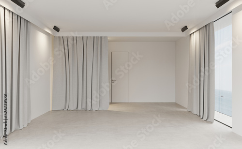Empty  white room with concrete floor and floor to ceiling windows. Ocean view from the panoramic windows, light gray curtains to the floor. Interior background and 3d render, ceiling light on © Hanna