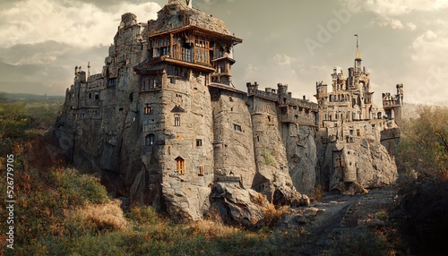 Foto Medieval fortress town with towers and terraces in valley