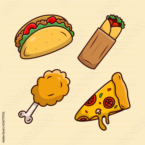 Set of fast food cartoon, Taco, Kebab, fried chicken, nad Pizza illustration