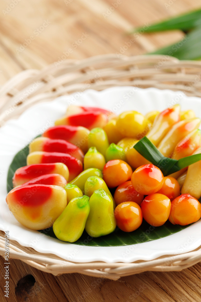 Kanom Look Choup Thai or Kue Ku Buah Indonesia, Fruit Shaped Mung Beans Made from Mung Beans and Sugar Kanom Look Choup Thai or Kue Ku Buah Indonesia, Fruit Shaped Mung Beans Made from Mung Beans and Sugar