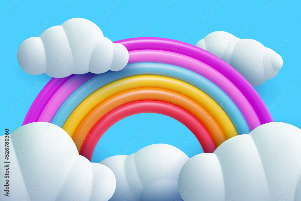 Obraz premium 3d cartoon rainbow with white clouds on blue background. Minimal realistic design art element. Funny children toy. Glossy sweet decoration. Vector illustration.